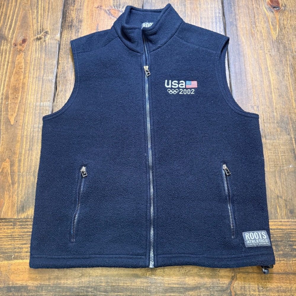 Roots Athletics USA 2002 Olympic Games Fleece Vest Navy Blue Full Zip Women L